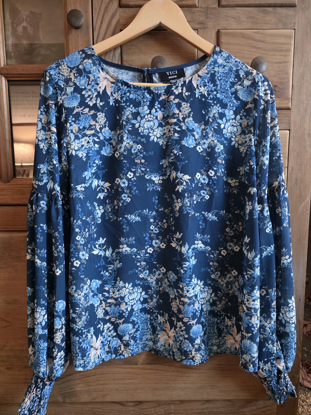 Vici Navy Blue Floral Long Sleeve Blouse